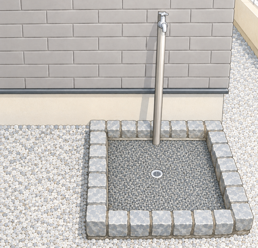 水受けを広めに作った屋外水栓のイメージイラスト。ステンレス調の立水栓の下に、石で縁取った広い水受けがあり、周りは白い砂利